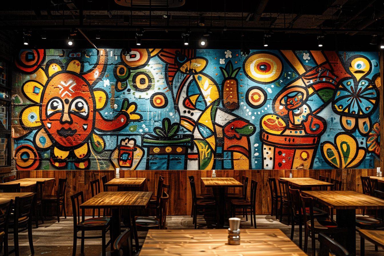 Un mur décoré de peintures murales colorées et abstraites dans un restaurant