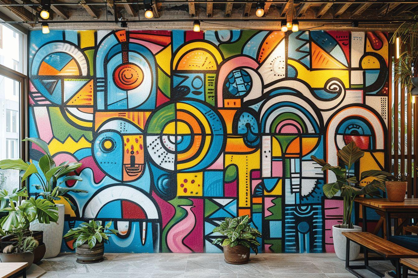 Mur décoratif avec motifs géométriques et formes abstraites colorés