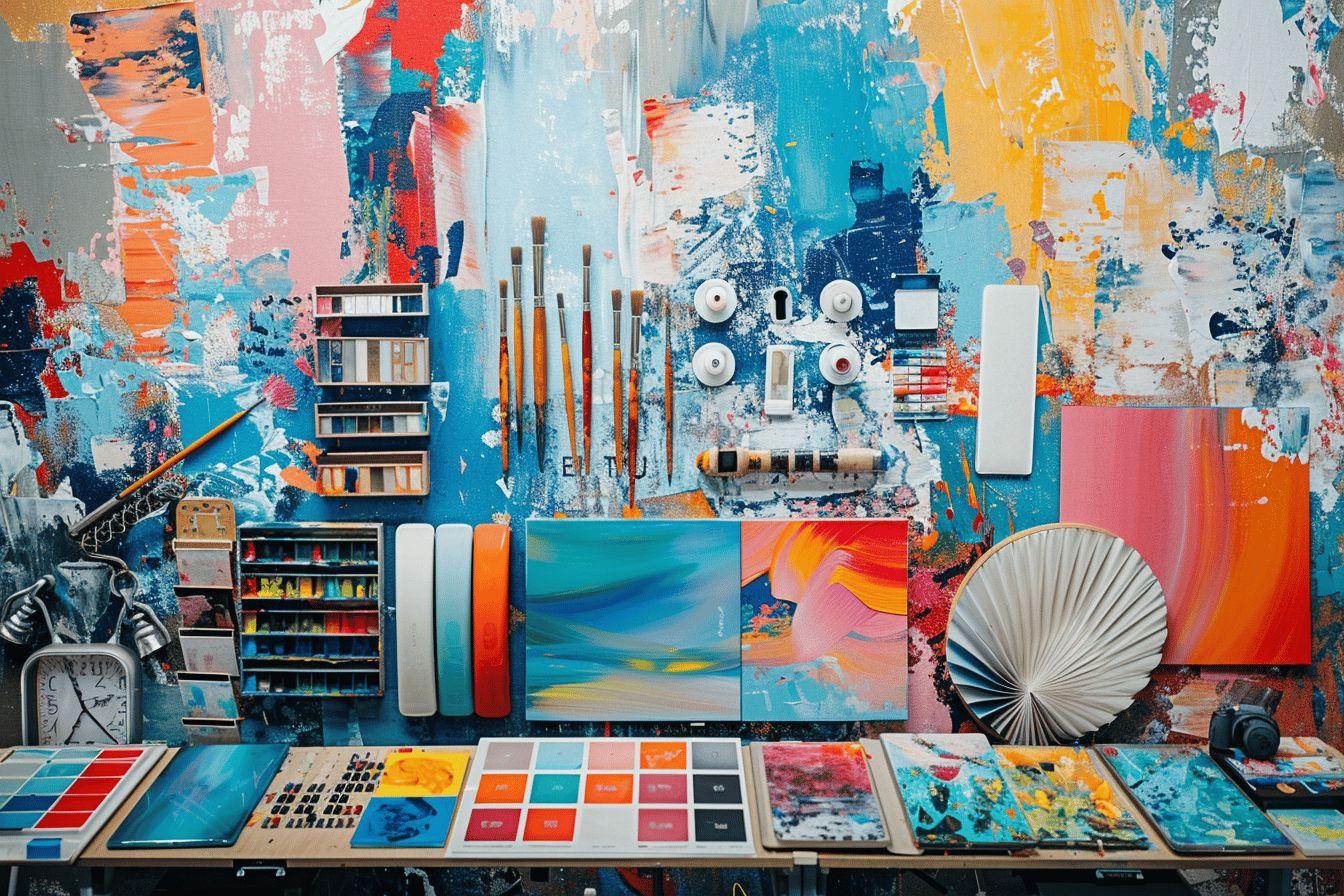 Outils et fournitures d'art sur un bureau, avec des tableaux abstraits colorés.