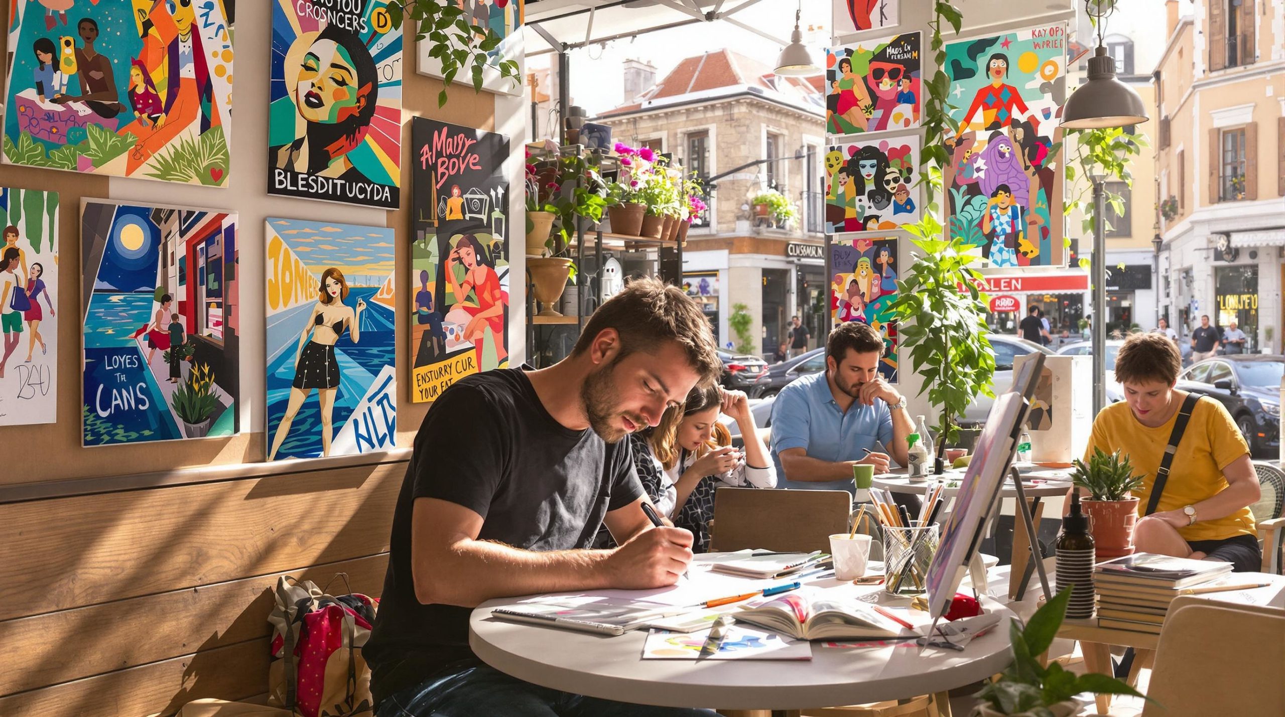 People drawing in a cafe surrounded by art.