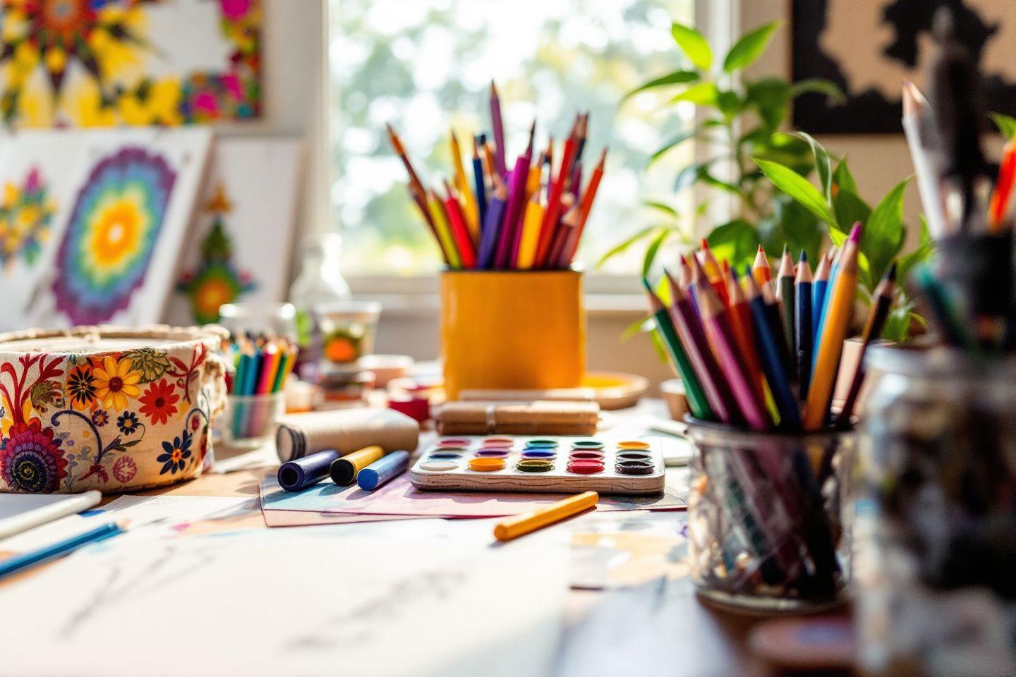 Table avec crayons, peintures, plantes et œuvres artistiques colorées