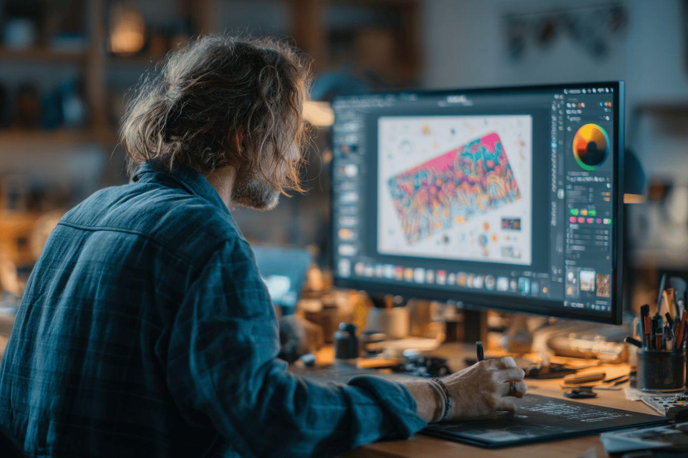 Un créatif devant un écran d'ordinateur réalisant une œuvre graphique