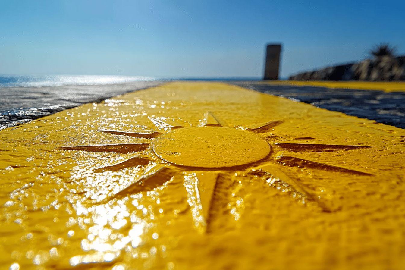 Gros plan sur un soleil peint en jaune au bord de mer