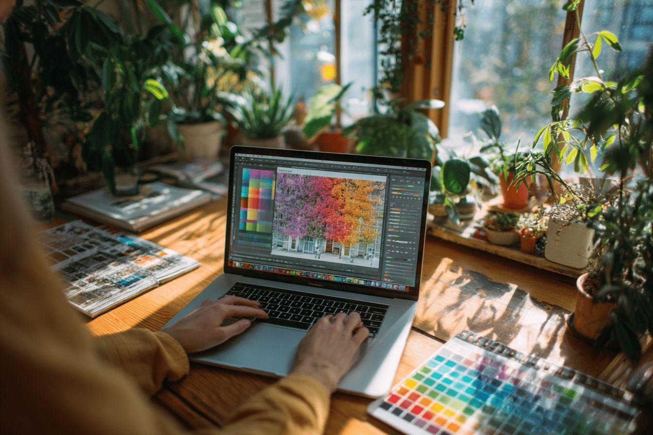 Ordinateur portable avec image colorée, palette et plantes vertes