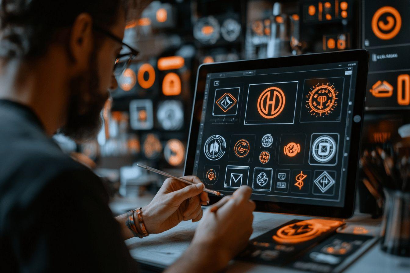 Concepteur travaillant sur des logos numériques orange et gris sur tablette