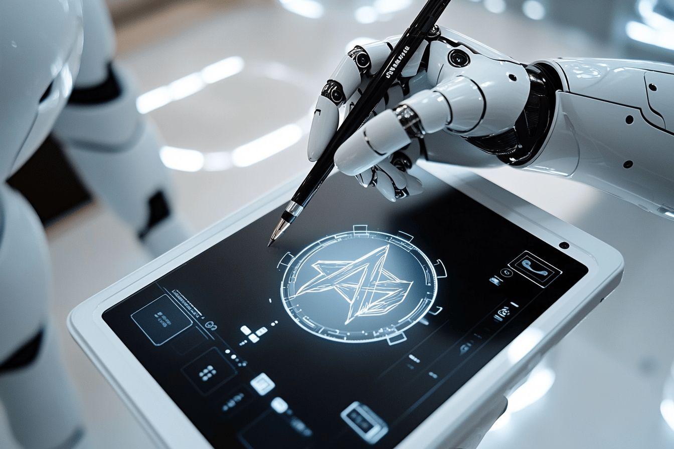 Bras robotique écrivant avec un stylo sur un écran tactile